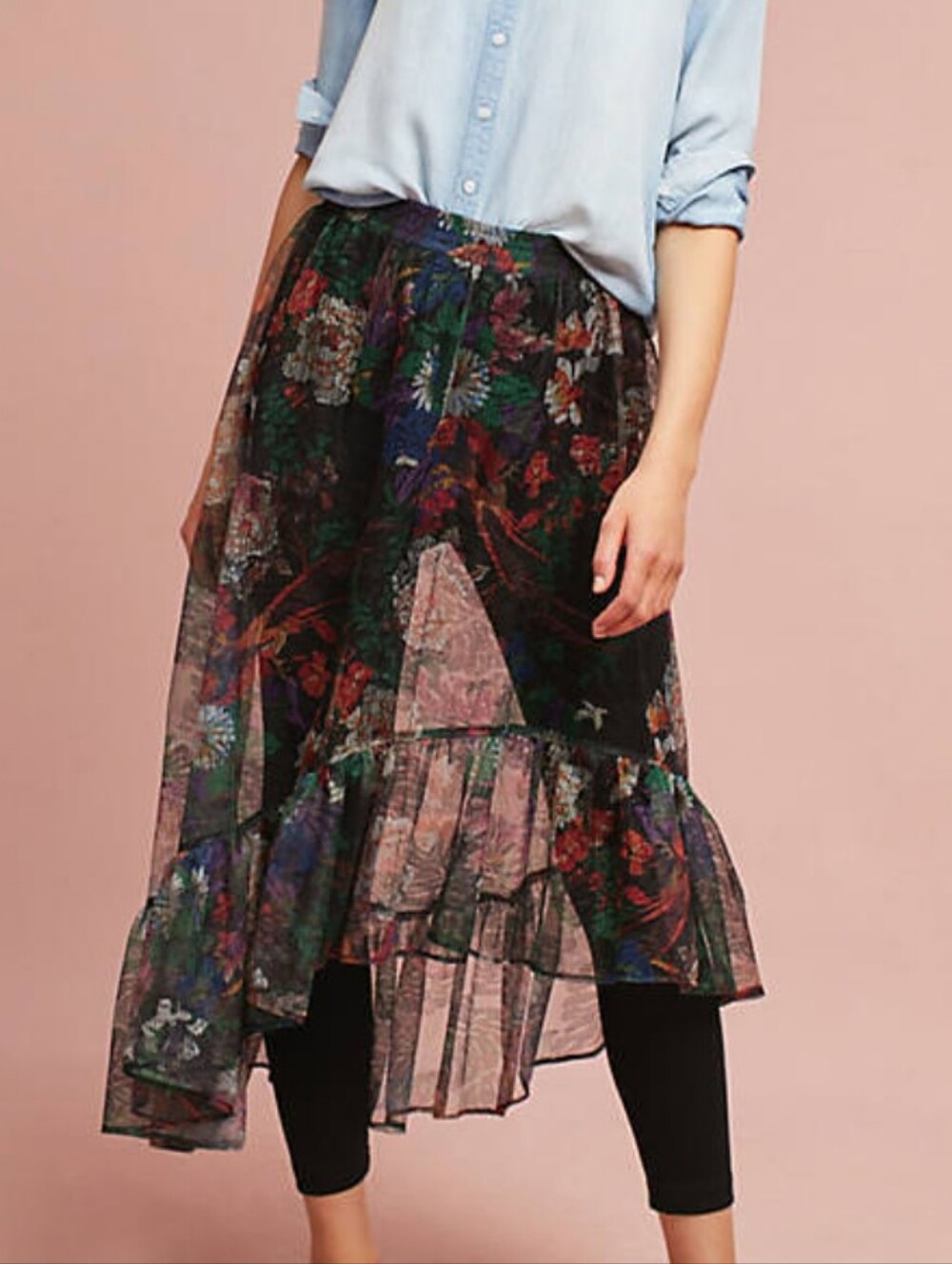 Anthropologie Meena Maeve High-Low Ruffle Skirt in Black and Multicolor